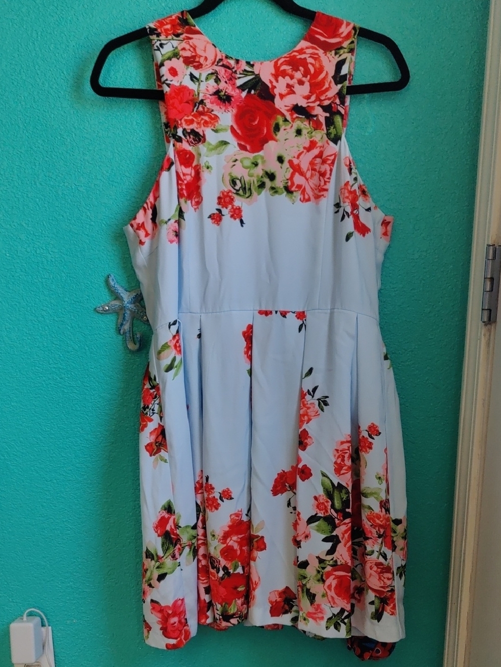 Floral Sleeveless Fit & Flare Dress in Light Blue with Coral Roses
